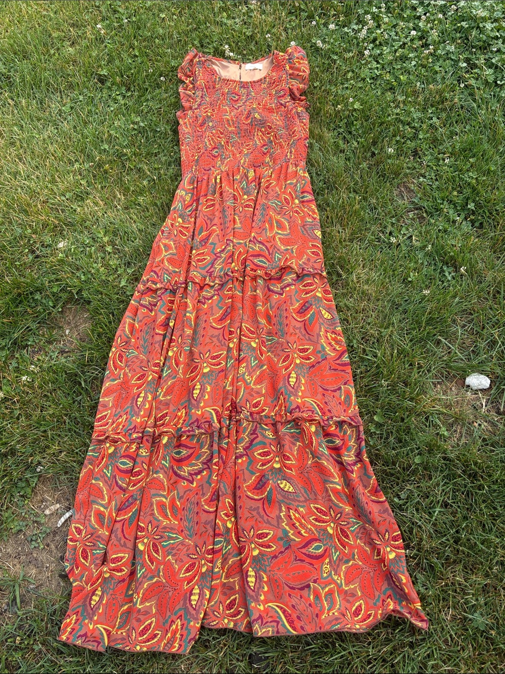 Women's Red Floral Maxi Dress with Smocked Bodice